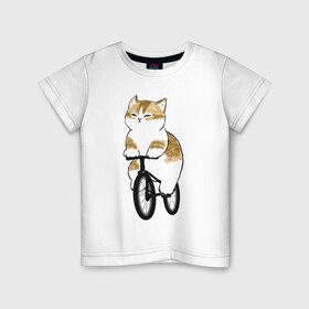 Детская футболка хлопок с принтом Котик на велосипеде , 100% хлопок | круглый вырез горловины, полуприлегающий силуэт, длина до линии бедер | арт | велосипед | ветер | кот | котёнок | кошка | милая кошка | милый кот | милый котёнок | отдых | отдыхает | пончик | рисунок