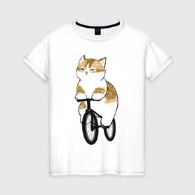Женская футболка хлопок с принтом Котик на велосипеде , 100% хлопок | прямой крой, круглый вырез горловины, длина до линии бедер, слегка спущенное плечо | Тематика изображения на принте: арт | велосипед | ветер | кот | котёнок | кошка | милая кошка | милый кот | милый котёнок | отдых | отдыхает | пончик | рисунок