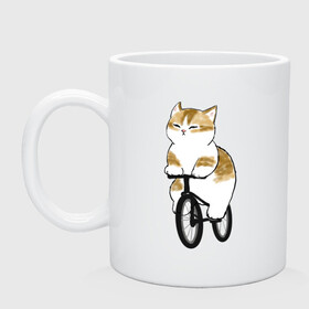 Кружка керамическая с принтом Котик на велосипеде , керамика | объем — 330 мл, диаметр — 80 мм. Принт наносится на бока кружки, можно сделать два разных изображения | арт | велосипед | ветер | кот | котёнок | кошка | милая кошка | милый кот | милый котёнок | отдых | отдыхает | пончик | рисунок