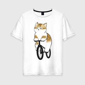 Женская футболка хлопок Oversize с принтом Котик на велосипеде , 100% хлопок | свободный крой, круглый ворот, спущенный рукав, длина до линии бедер
 | арт | велосипед | ветер | кот | котёнок | кошка | милая кошка | милый кот | милый котёнок | отдых | отдыхает | пончик | рисунок