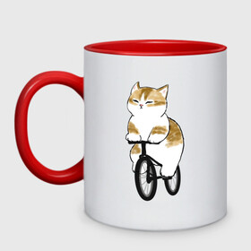 Кружка двухцветная с принтом Котик на велосипеде , керамика | объем — 330 мл, диаметр — 80 мм. Цветная ручка и кайма сверху, в некоторых цветах — вся внутренняя часть | арт | велосипед | ветер | кот | котёнок | кошка | милая кошка | милый кот | милый котёнок | отдых | отдыхает | пончик | рисунок