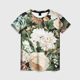 Женская футболка 3D с принтом Винтажные цветы , 100% полиэфир ( синтетическое хлопкоподобное полотно) | прямой крой, круглый вырез горловины, длина до линии бедер | букет | винтажный стиль | для девушек | цветы