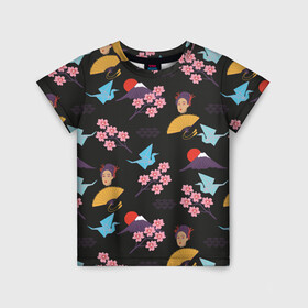Детская футболка 3D с принтом Япония паттерн , 100% гипоаллергенный полиэфир | прямой крой, круглый вырез горловины, длина до линии бедер, чуть спущенное плечо, ткань немного тянется | веер | иллюстрация | оригами | паттерн | путешествия | рисунок | сакура | туризм | туристический | фуджияма | япония
