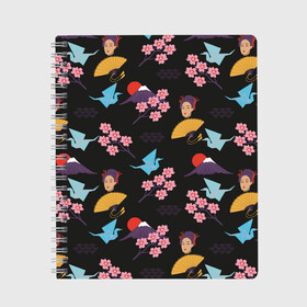 Тетрадь с принтом Япония паттерн , 100% бумага | 48 листов, плотность листов — 60 г/м2, плотность картонной обложки — 250 г/м2. Листы скреплены сбоку удобной пружинной спиралью. Уголки страниц и обложки скругленные. Цвет линий — светло-серый
 | веер | иллюстрация | оригами | паттерн | путешествия | рисунок | сакура | туризм | туристический | фуджияма | япония