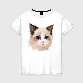 Женская футболка хлопок с принтом Хмурый кот , 100% хлопок | прямой крой, круглый вырез горловины, длина до линии бедер, слегка спущенное плечо | арт | белая кошка | иллюстрация | котенок | котик | кошечка