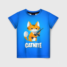 Детская футболка 3D с принтом Catnite , 100% гипоаллергенный полиэфир | прямой крой, круглый вырез горловины, длина до линии бедер, чуть спущенное плечо, ткань немного тянется | Тематика изображения на принте: cs go | fortnite | кот | котик | смешной кот | смешной фортнайт | фортнайт | шутер