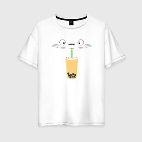 Женская футболка хлопок Oversize с принтом Totoro Drink , 100% хлопок | свободный крой, круглый ворот, спущенный рукав, длина до линии бедер
 | ghibli | japan | nature | neigbor | neighbour | totoro | анимация | аниме | гибли | друг | животные | лес | милый | мир | миядзаки | мой сосед тоторо | мульт | мультфильм | природа | сок | сосед | сусуватари | тоторо | хаяо