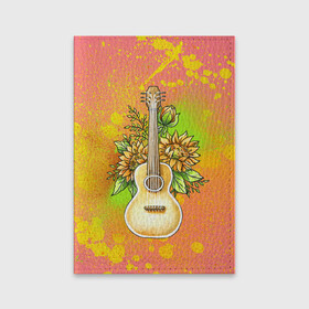 Обложка для паспорта матовая кожа с принтом Гитара и подсолнухи , натуральная матовая кожа | размер 19,3 х 13,7 см; прозрачные пластиковые крепления | Тематика изображения на принте: гитара | инструмент | кляксы | подсолнух | цветы