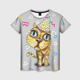 Женская футболка 3D с принтом Котик , 100% полиэфир ( синтетическое хлопкоподобное полотно) | прямой крой, круглый вырез горловины, длина до линии бедер | геометрия | глаза | день рождения | именинник | кот | котик