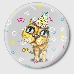 Значок с принтом Котик ,  металл | круглая форма, металлическая застежка в виде булавки | геометрия | глаза | день рождения | именинник | кот | котик
