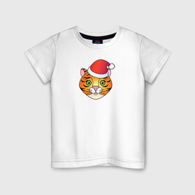 Детская футболка хлопок с принтом Мордочка Тигра в колпаке Санты , 100% хлопок | круглый вырез горловины, полуприлегающий силуэт, длина до линии бедер | Тематика изображения на принте: 2022 | колпак санты | новый год | символ | тигр