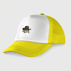 Детская кепка тракер с принтом Дождевая лягушка в шляпе , Козырек - 100% хлопок. Кепка - 100% полиэстер, Задняя часть - сетка | универсальный размер, пластиковая застёжка | Тематика изображения на принте: cowboy | cowboy hat | desert rain frog | howdy meme | meme | дождевая лягушка | иллюстрация | ковбой | ковбойская шляпа | лягуха | мемы | настроение | недовольное лицо | прикольные картинки | рисунок | сердитая лягушка