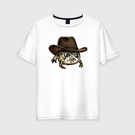 Женская футболка хлопок Oversize с принтом Дождевая лягушка в шляпе , 100% хлопок | свободный крой, круглый ворот, спущенный рукав, длина до линии бедер
 | cowboy | cowboy hat | desert rain frog | howdy meme | meme | дождевая лягушка | иллюстрация | ковбой | ковбойская шляпа | лягуха | мемы | настроение | недовольное лицо | прикольные картинки | рисунок | сердитая лягушка