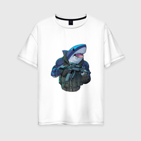 Женская футболка хлопок Oversize с принтом Водный спецназ , 100% хлопок | свободный крой, круглый ворот, спущенный рукав, длина до линии бедер
 | акула | арт | граната | зубы | клыки | огнестрельное оружие | рисунок | рыба | рыбы | хищник | человекоподобный