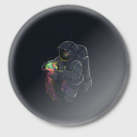 Значок с принтом Космическая медуза ,  металл | круглая форма, металлическая застежка в виде булавки | space | галактика | иллюстрация | космонавт | медуза