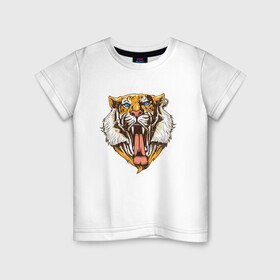 Детская футболка хлопок с принтом Крутой Тигр , 100% хлопок | круглый вырез горловины, полуприлегающий силуэт, длина до линии бедер | Тематика изображения на принте: дикий | злой тигр | крупный тигр | крутой тигр | тигр