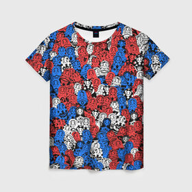 Женская футболка 3D с принтом Бело-сине-красные матрёшки , 100% полиэфир ( синтетическое хлопкоподобное полотно) | прямой крой, круглый вырез горловины, длина до линии бедер | matryoshka | матрешка | паттерн | россия | русский | славянский | триколор | узор | флаг