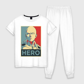 Женская пижама хлопок с принтом Сайтама постер , 100% хлопок | брюки и футболка прямого кроя, без карманов, на брюках мягкая резинка на поясе и по низу штанин | hero | onepunch | onepunchman | pop art | poster hope | saitama | ванпанчмен | герой | поп арт | сайтама