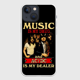 Чехол для iPhone 13 mini с принтом MUSYC IS MY DRUG and AC DC IS MY DEALER ,  |  | Тематика изображения на принте: ac dc | acdc | acdc ас дс | angus | back in black | highway to hell | mckinnon | you | австралийская | ангус янг | ас дс | асдс | блюз | в форме | гитара | группа | крис слэйд | метал | молния | музыка | певец | рок | рок н ролл | стиви янг