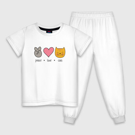 Детская пижама хлопок с принтом PEACE LOVE CATS (Z) , 100% хлопок |  брюки и футболка прямого кроя, без карманов, на брюках мягкая резинка на поясе и по низу штанин
 | cat | cats | love | lovers | peace | кот | коты | любить | любовь | мир | хипи | хиппи