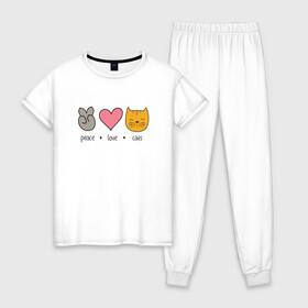 Женская пижама хлопок с принтом PEACE LOVE CATS (Z) , 100% хлопок | брюки и футболка прямого кроя, без карманов, на брюках мягкая резинка на поясе и по низу штанин | cat | cats | love | lovers | peace | кот | коты | любить | любовь | мир | хипи | хиппи