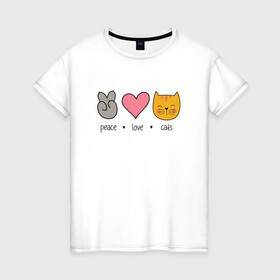 Женская футболка хлопок с принтом PEACE LOVE CATS (Z) , 100% хлопок | прямой крой, круглый вырез горловины, длина до линии бедер, слегка спущенное плечо | cat | cats | love | lovers | peace | кот | коты | любить | любовь | мир | хипи | хиппи