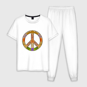 Мужская пижама хлопок с принтом PEACE | FLOWERS (Z) , 100% хлопок | брюки и футболка прямого кроя, без карманов, на брюках мягкая резинка на поясе и по низу штанин
 | bloom | blossom | floret | flowers | hippies | peace | знак | любовь | мир | символ | хиппи | цветы