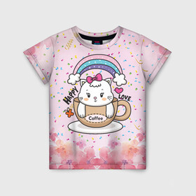 Детская футболка 3D с принтом Милая кошечка в чашке кофе , 100% гипоаллергенный полиэфир | прямой крой, круглый вырез горловины, длина до линии бедер, чуть спущенное плечо, ткань немного тянется | Тематика изображения на принте: кот | котик | котята | кофе | кошечка | кошка | радуга | чашка кофе