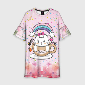 Детское платье 3D с принтом Милая кошечка в чашке кофе , 100% полиэстер | прямой силуэт, чуть расширенный к низу. Круглая горловина, на рукавах — воланы | кот | котик | котята | кофе | кошечка | кошка | радуга | чашка кофе