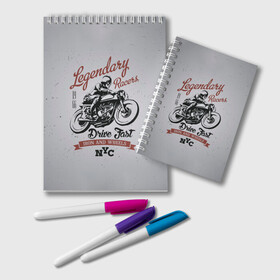 Блокнот с принтом Легендарный гонщик , 100% бумага | 48 листов, плотность листов — 60 г/м2, плотность картонной обложки — 250 г/м2. Листы скреплены удобной пружинной спиралью. Цвет линий — светло-серый
 | moto | motorcycle | мопеды | мото | мотоцикл | мотоциклист | мотоциклисту | мотоциклисты | мотоцыклы | моцик