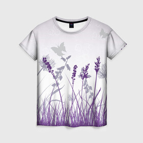 Женская футболка 3D с принтом Фиолетовое Поле , 100% полиэфир ( синтетическое хлопкоподобное полотно) | прямой крой, круглый вырез горловины, длина до линии бедер | бабочки | девочкам | девушкам | поле | популярное | топ | тренд | фиолетовый | цветочки