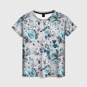 Женская футболка 3D с принтом Синие розы , 100% полиэфир ( синтетическое хлопкоподобное полотно) | прямой крой, круглый вырез горловины, длина до линии бедер | букет | винтаж | для девочек | для девушек | паттерн | розы | цветочный фон | цветы