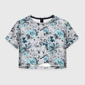 Женская футболка Crop-top 3D с принтом Синие розы , 100% полиэстер | круглая горловина, длина футболки до линии талии, рукава с отворотами | букет | винтаж | для девочек | для девушек | паттерн | розы | цветочный фон | цветы