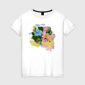 Женская футболка хлопок с принтом Цветы акварель , 100% хлопок | прямой крой, круглый вырез горловины, длина до линии бедер, слегка спущенное плечо | flowers | watercolors | акварель | краски | лилия | цветы