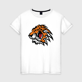 Женская футболка хлопок с принтом Злой Тигр , 100% хлопок | прямой крой, круглый вырез горловины, длина до линии бедер, слегка спущенное плечо | 2022 | animal | cat | lion | tiger | год тигра | животные | зубы | кот | кошка | лев | охотник | полосатый | природа | тигр | тигренок | тигрица | хищник