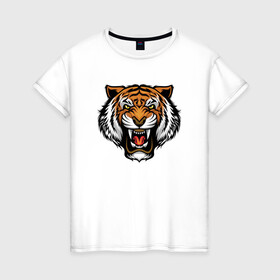 Женская футболка хлопок с принтом Angry Tiger , 100% хлопок | прямой крой, круглый вырез горловины, длина до линии бедер, слегка спущенное плечо | 2022 | animal | cat | lion | tiger | год тигра | животные | зубы | кот | кошка | лев | охотник | полосатый | природа | тигр | тигренок | тигрица | хищник