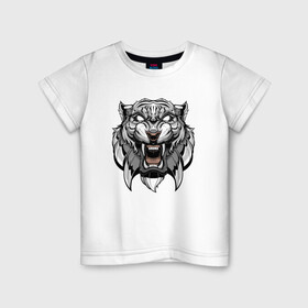 Детская футболка хлопок с принтом Серый Тигр , 100% хлопок | круглый вырез горловины, полуприлегающий силуэт, длина до линии бедер | 2022 | animal | cat | lion | tiger | год тигра | животные | зубы | кот | кошка | лев | охотник | полосатый | природа | тигр | тигренок | тигрица | хищник