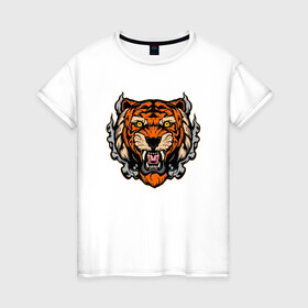 Женская футболка хлопок с принтом Smoke Tiger , 100% хлопок | прямой крой, круглый вырез горловины, длина до линии бедер, слегка спущенное плечо | 2022 | animal | cat | lion | tiger | год тигра | животные | зубы | кот | кошка | лев | охотник | полосатый | природа | тигр | тигренок | тигрица | хищник