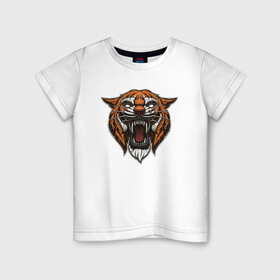 Детская футболка хлопок с принтом Рычащий Тигр , 100% хлопок | круглый вырез горловины, полуприлегающий силуэт, длина до линии бедер | 2022 | animal | cat | lion | tiger | год тигра | животные | зубы | кот | кошка | лев | охотник | полосатый | природа | тигр | тигренок | тигрица | хищник