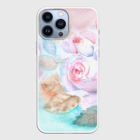 Чехол для iPhone 13 Pro Max с принтом Нежная акварель с розами ,  |  | Тематика изображения на принте: акварель | акварельный | женственный | листья | нежная | нежный | пастель | пастельный | роза | розы | цветочный | цветы