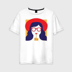 Женская футболка хлопок Oversize с принтом Девушка с коктейлем , 100% хлопок | свободный крой, круглый ворот, спущенный рукав, длина до линии бедер
 | брюнетка | девушка | очки | пин арт | стакан | шляпа
