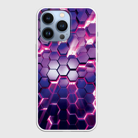 Чехол для iPhone 13 Pro с принтом АБСТРАКЦИЯ | СОТЫ ,  |  | 3d плиты | abstraction | glow | honeycomb | neon steel | rift | абстракция | неоновые плиты | разлом | свечение | соты