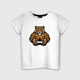 Детская футболка хлопок с принтом Тигр Геймер , 100% хлопок | круглый вырез горловины, полуприлегающий силуэт, длина до линии бедер | 2022 | animal | cat | gamer | lion | tiger | год тигра | джойстик | животные | зверь | зубы | игра | кот | кошка | лев | охотник | полосатый | природа | приставка | тигр | тигренок | тигрица | хищник
