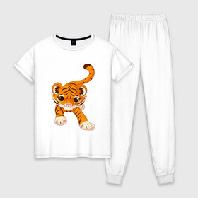 Женская пижама хлопок с принтом Милый Тигренок , 100% хлопок | брюки и футболка прямого кроя, без карманов, на брюках мягкая резинка на поясе и по низу штанин | 2022 | animal | cat | lion | tiger | год тигра | животные | зверь | зубы | кот | кошка | лев | охотник | полосатый | природа | тигр | тигренок | тигрица | хищник