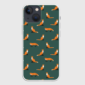 Чехол для iPhone 13 mini с принтом Лисы паттерн ,  |  | животные | звери | зеленый цвет | лесные животные | лиса | лисы | оранжевый | паттерн | рыжий