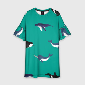 Детское платье 3D с принтом Нарвал, киты, касатка паттерн , 100% полиэстер | прямой силуэт, чуть расширенный к низу. Круглая горловина, на рукавах — воланы | изумрудно зеленый цвет | касатки | киты | морская фауна | морские животные | морские жители | нарвал | океан | паттерн
