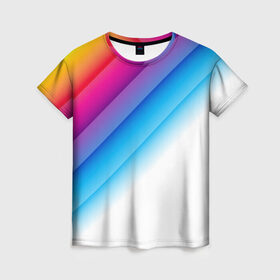 Женская футболка 3D с принтом РАДУЖНЫЕ ПОЛОСЫ | RAINBOW (Z) , 100% полиэфир ( синтетическое хлопкоподобное полотно) | прямой крой, круглый вырез горловины, длина до линии бедер | abstraction | colors | geometry | lines | paints | rainbow | stripes | texture | абстракция | краски | полосы | радуга | радужные полосы | текстура