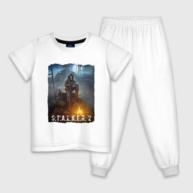 Детская пижама хлопок с принтом S.T.A.L.K.E.R. | С.Т.А.Л.К.Е.Р 2 (Z) , 100% хлопок |  брюки и футболка прямого кроя, без карманов, на брюках мягкая резинка на поясе и по низу штанин
 | Тематика изображения на принте: chernobyl | pripyat | s.t.a.l.k.e.r. 2 | shadow of chernobyl | stalker | stalker 2 | воля | меченый | припять | свобода | свобода воля | сталкер | сталкер 2 | тени чернобыля | чернобыль