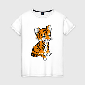 Женская футболка хлопок с принтом Little Tiger , 100% хлопок | прямой крой, круглый вырез горловины, длина до линии бедер, слегка спущенное плечо | 2022 | animal | cat | lion | tiger | год тигра | животные | зверь | зубы | кот | кошка | лев | охотник | полосатый | природа | тигр | тигренок | тигрица | хищник