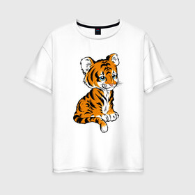 Женская футболка хлопок Oversize с принтом Little Tiger , 100% хлопок | свободный крой, круглый ворот, спущенный рукав, длина до линии бедер
 | 2022 | animal | cat | lion | tiger | год тигра | животные | зверь | зубы | кот | кошка | лев | охотник | полосатый | природа | тигр | тигренок | тигрица | хищник